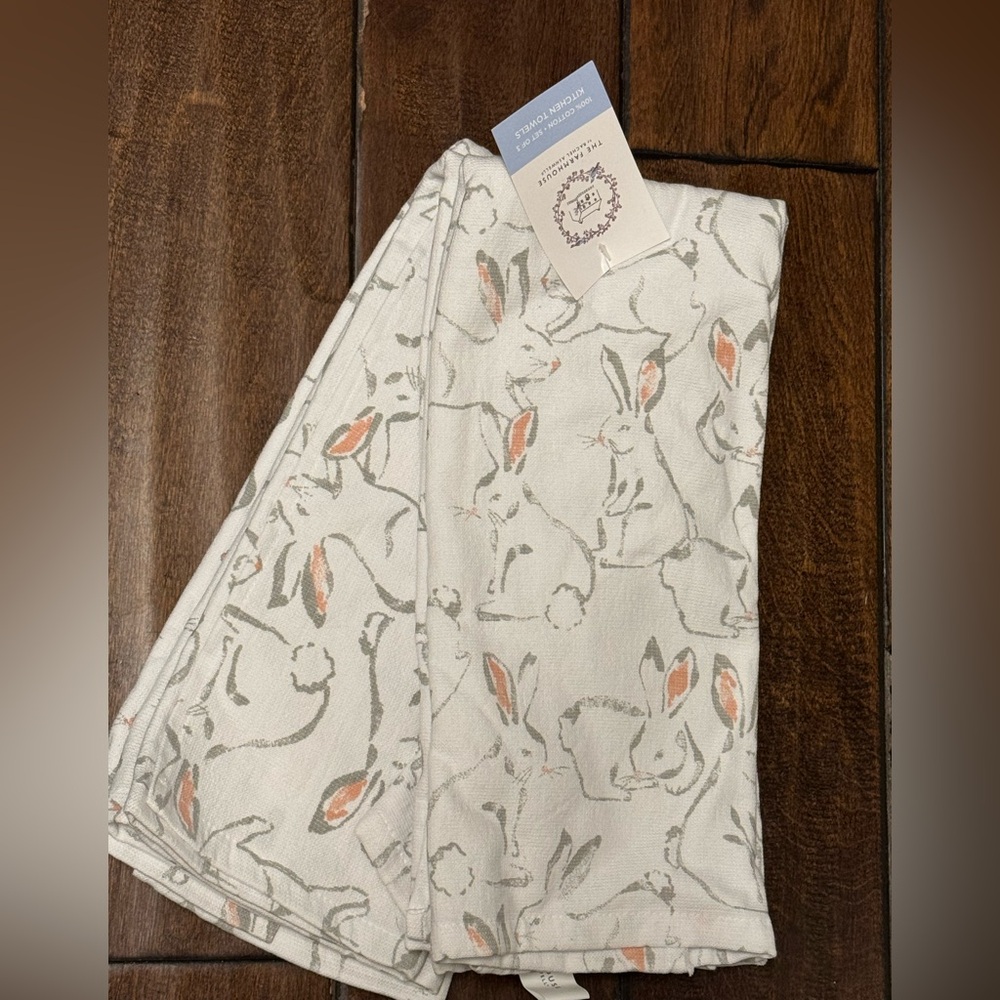 RACHEL ASHWELL KITCHEN TOWELS (3) RABBITS WHITE SILVER PINK 16 X 28 COTTON NIP
